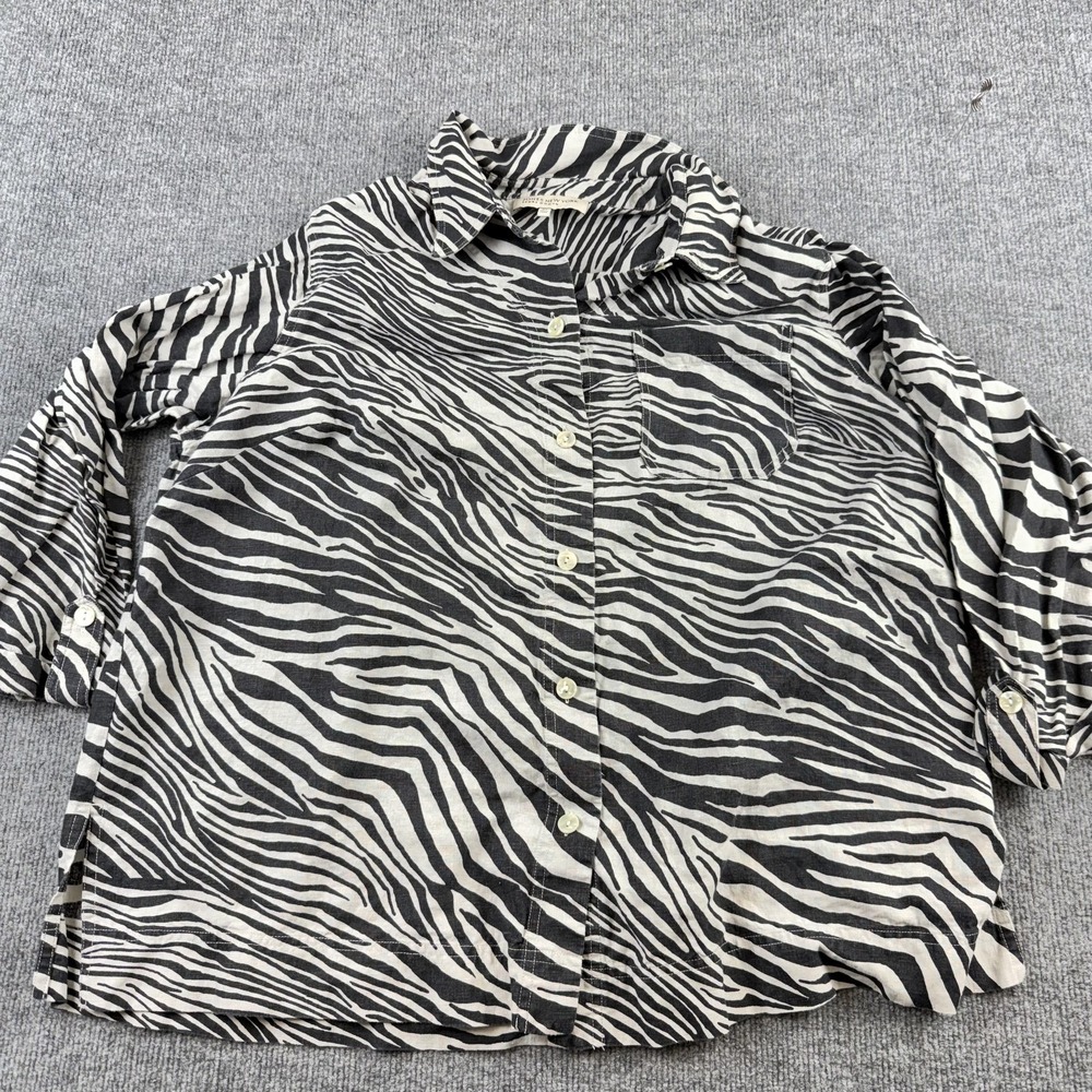 Jones New York Shirt Womens 2X Black Linen Zebra Print Button Front Long Sleeve